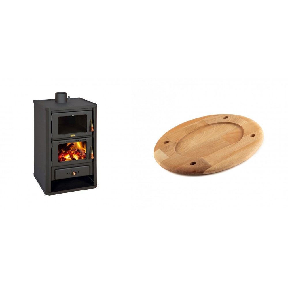 Set Kaminofen, Holzofen mit Backfach Prity, Modell FG, Leistung 14.2kW + Holz untersetzer für ovale platte Solagio HSOISK2533, 25x33cm | Holzofen | Kaminofen |