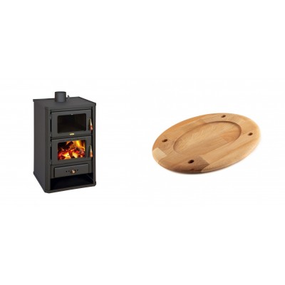 Set Kaminofen, Holzofen mit Backfach Prity, Modell FG, Leistung 14.2kW + Holz untersetzer für ovale platte Solagio HSOISK2533, 25x33cm - Kaminofen - Holzofen mit Backfach