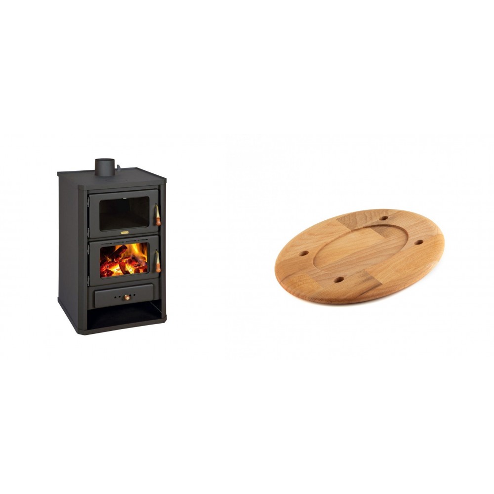 Set Kaminofen, Holzofen mit Backfach Prity, Modell FG, Leistung 14.2kW + Holz untersetzer für ovale platte Solagio HSOISK1728, 17x28cm