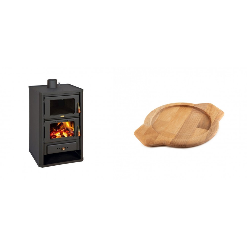 Set Kaminofen, Holzofen mit Backfach Prity, Modell FG, Leistung 14.2kW + Holz untersetzer für gusseisenschüssel Solagio HSYKTV22