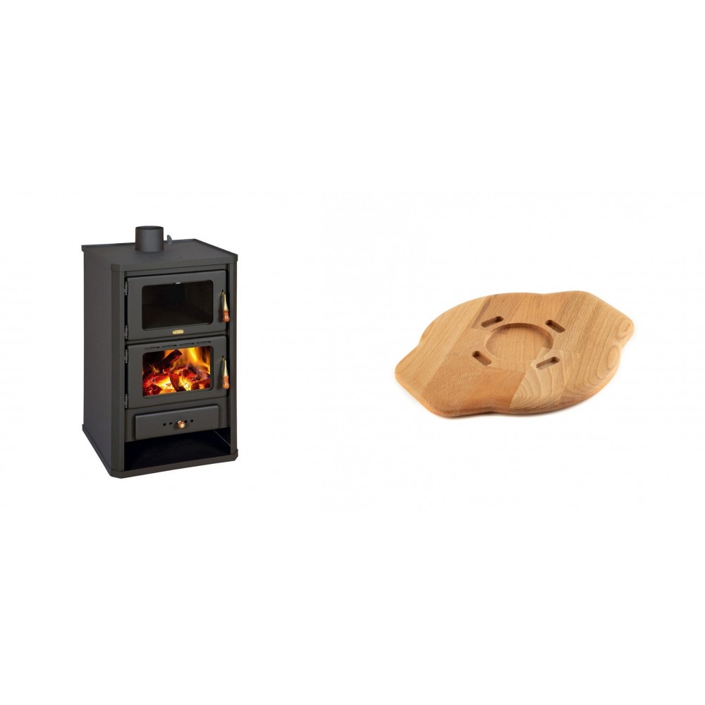 Set Kaminofen, Holzofen mit Backfach Prity, Modell FG, Leistung 14.2kW + Holz untersetzer für gusseisenplatte Solagio HSYSAK20