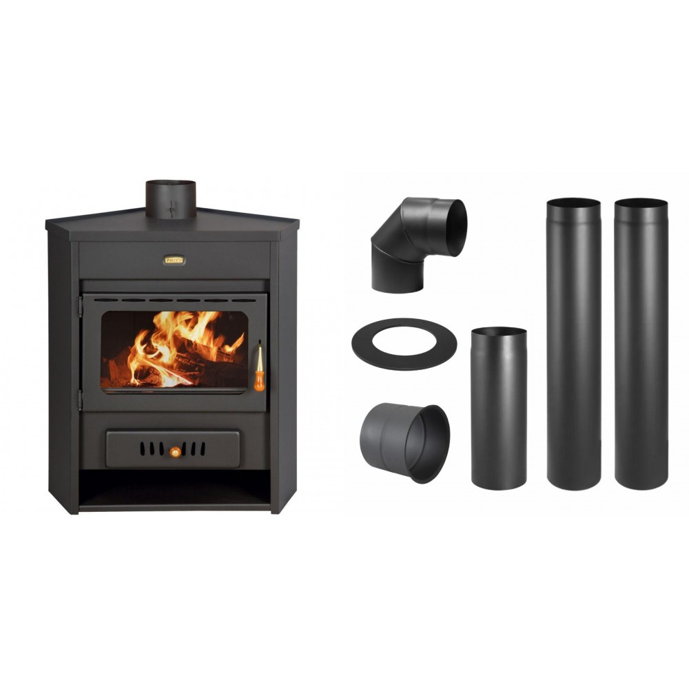 Set Kaminofen, Holzofen Wasserführend Prity, Modell AM W12, Leistung 13.5kW, Eckplatzierung + Schornstein Bausatz PARKANEX, Stahl Ø150, Dicke 2mm | Wasserführender Kaminofen | Kaminofen |