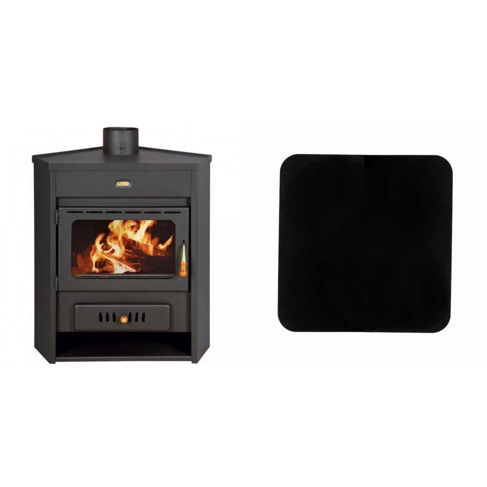 Set Kaminofen, Holzofen Wasserführend Prity, Modell AM W12, Leistung 13.5kW, Eckplatzierung + Funkenschutzplatte Stahl 2mm, Größe 98x98cm | Wasserführender Kaminofen | Kaminofen |