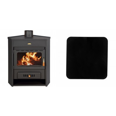 Set Kaminofen, Holzofen Wasserführend Prity, Modell AM W12, Leistung 13.5kW, Eckplatzierung + Funkenschutzplatte Stahl 2mm, Größe 98x98cm - Prity