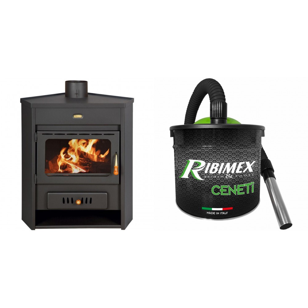 Set Kaminofen, Holzofen Wasserführend Prity, Modell AM W12, Leistung 13.5kW, Eckplatzierung + Elektrischer Aschesauger Ribimex, Modell Cenetì, Fassungsvermögen 15 L