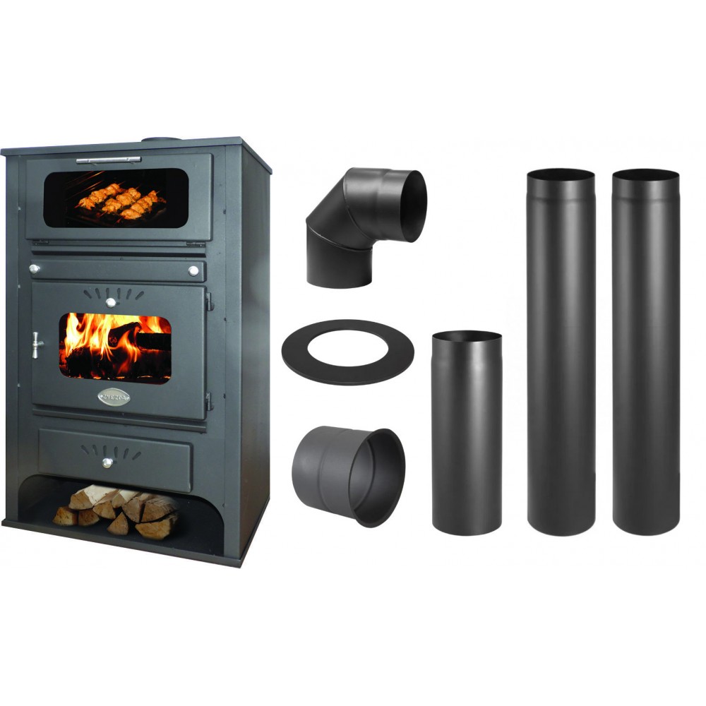 Set Kaminofen, Holzofen Wasserführend mit Backfach Zvezda, Model GF VR 16, Leistung 15.4kW + Schornstein Bausatz PARKANEX, Stahl Ø130, Dicke 2mm | Wasserführender Kaminofen | Kaminofen |