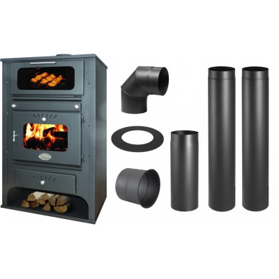 Set Kaminofen, Holzofen Wasserführend mit Backfach Zvezda, Model GF VR 16, Leistung 15.4kW + Schornstein Bausatz PARKANEX, Stahl Ø130, Dicke 2mm - Kaminofen - Holzofen mit Backfach