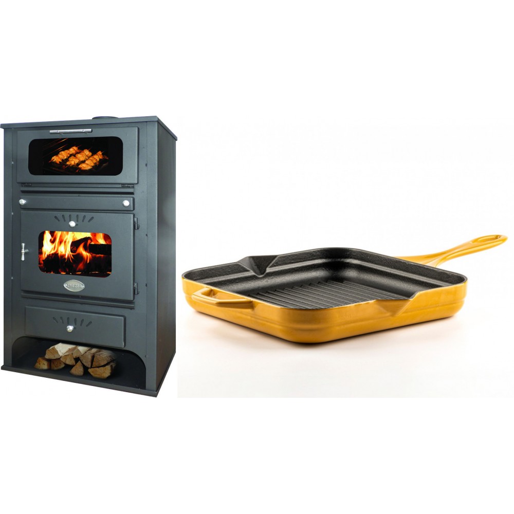 Set Kaminofen, Holzofen Wasserführend mit Backfach Zvezda, Model GF VR 16, Leistung 15.4kW + Emaillierte grillpfanne Gusseisen Solagio, Dijon, 28х28cm