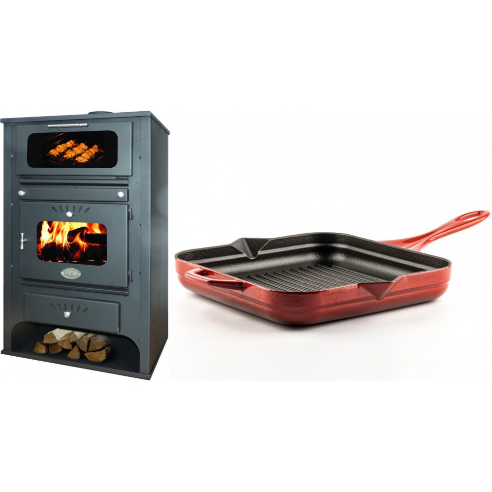 Set Kaminofen, Holzofen Wasserführend mit Backfach Zvezda, Model GF VR 16, Leistung 15.4kW + Emaillierte grillpfanne Gusseisen Solagio, Rubin, 28x28cm