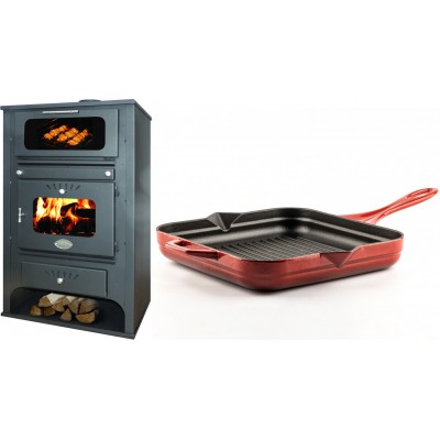 Set Kaminofen, Holzofen Wasserführend mit Backfach Zvezda, Model GF VR 16, Leistung 15.4kW + Emaillierte grillpfanne Gusseisen Solagio, Rubin, 28x28cm - Kaminofen - Holzofen mit Backfach