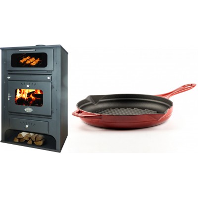 Set Kaminofen, Holzofen Wasserführend mit Backfach Zvezda, Model GF VR 16, Leistung 15.4kW + Emaillierte grillpfanne Gusseisen Solagio, Rubin, Ф28cm - Kaminofen - Holzofen mit Backfach