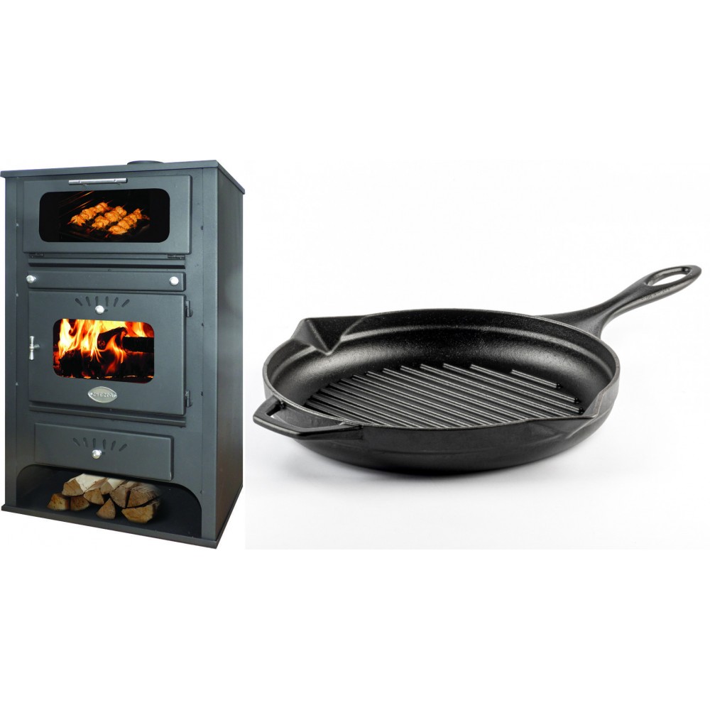 Set Kaminofen, Holzofen Wasserführend mit Backfach Zvezda, Model GF VR 16, Leistung 15.4kW + Emaillierte grillpfanne Gusseisen Solagio, Black Onyx, Ф28cm | Wasserführender Kaminofen | Kaminofen |