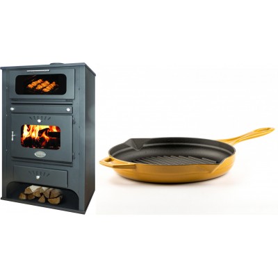 Set Kaminofen, Holzofen Wasserführend mit Backfach Zvezda, Model GF VR 16, Leistung 15.4kW + Emaillierte grillpfanne Gusseisen Solagio, Dijon, Ф28cm - Kaminofen - Holzofen mit Backfach