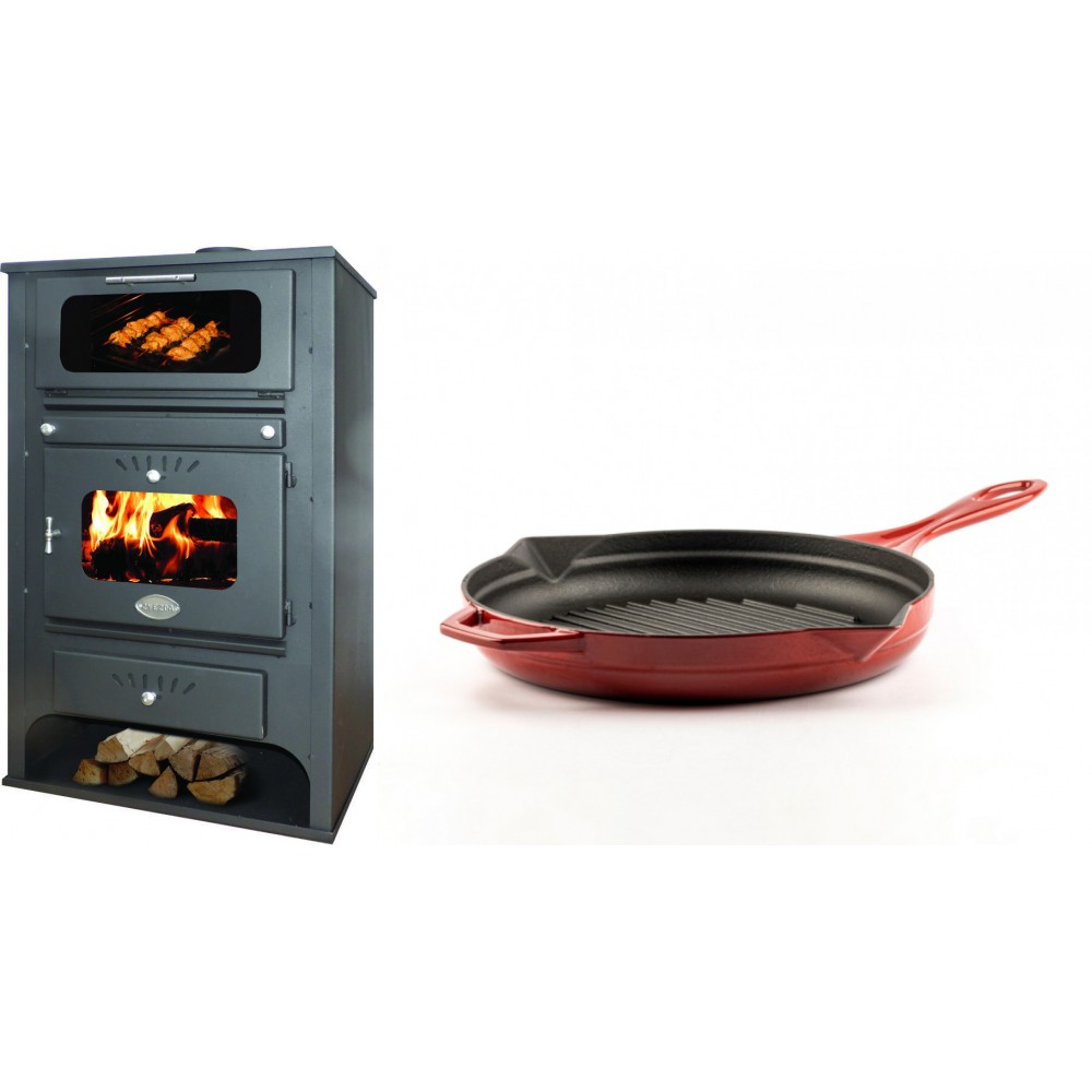 Set Kaminofen, Holzofen Wasserführend mit Backfach Zvezda, Model GF VR 16, Leistung 15.4kW + Emaillierte grillpfanne Gusseisen Solagio, Rubin, Ф24cm | Wasserführender Kaminofen | Kaminofen |