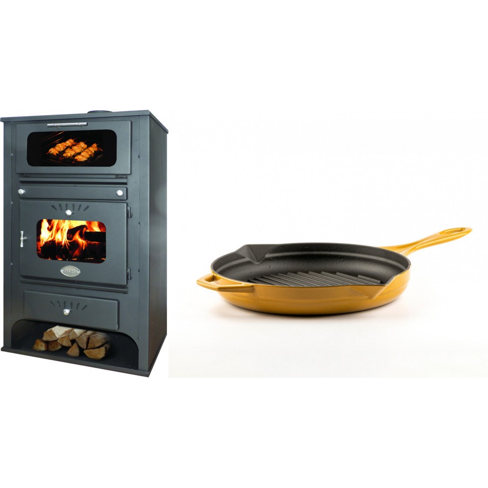 Set Kaminofen, Holzofen Wasserführend mit Backfach Zvezda, Model GF VR 16, Leistung 15.4kW + Emaillierte grillpfanne Gusseisen Solagio, Dijon, Ф24cm | Wasserführender Kaminofen | Kaminofen |