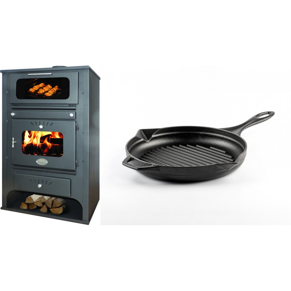 Set Kaminofen, Holzofen Wasserführend mit Backfach Zvezda, Model GF VR 16, Leistung 15.4kW + Emaillierte grillpfanne Gusseisen Solagio, Black Onyx, Ф24cm