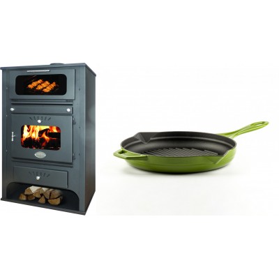 Set Kaminofen, Holzofen Wasserführend mit Backfach Zvezda, Model GF VR 16, Leistung 15.4kW + Emaillierte grillpfanne Gusseisen Solagio, Bamboo, Ф24cm - Kaminofen - Holzofen mit Backfach