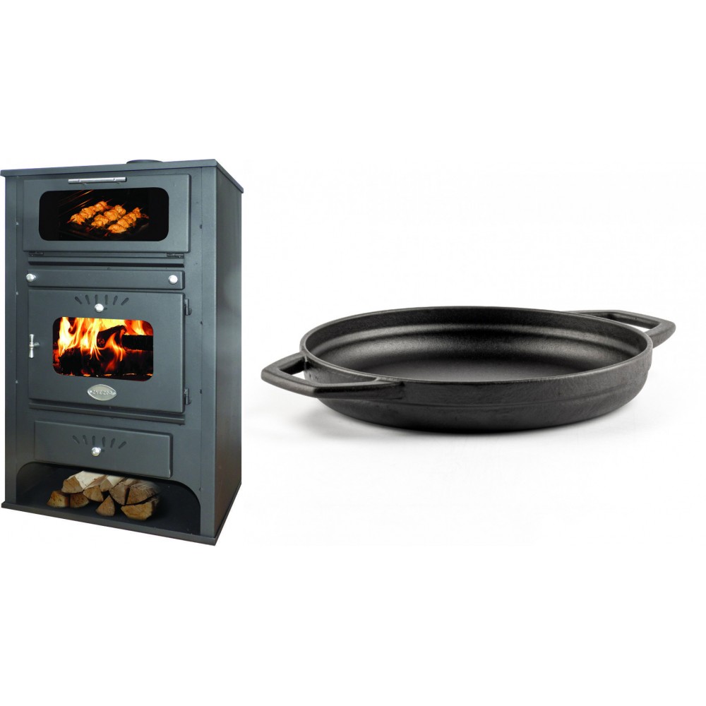 Set Kaminofen, Holzofen Wasserführend mit Backfach Zvezda, Model GF VR 16, Leistung 15.4kW + Emaillierte gusseisenpfanne mit zwei Griffen Solagio, Black Onyx, Ф22cm