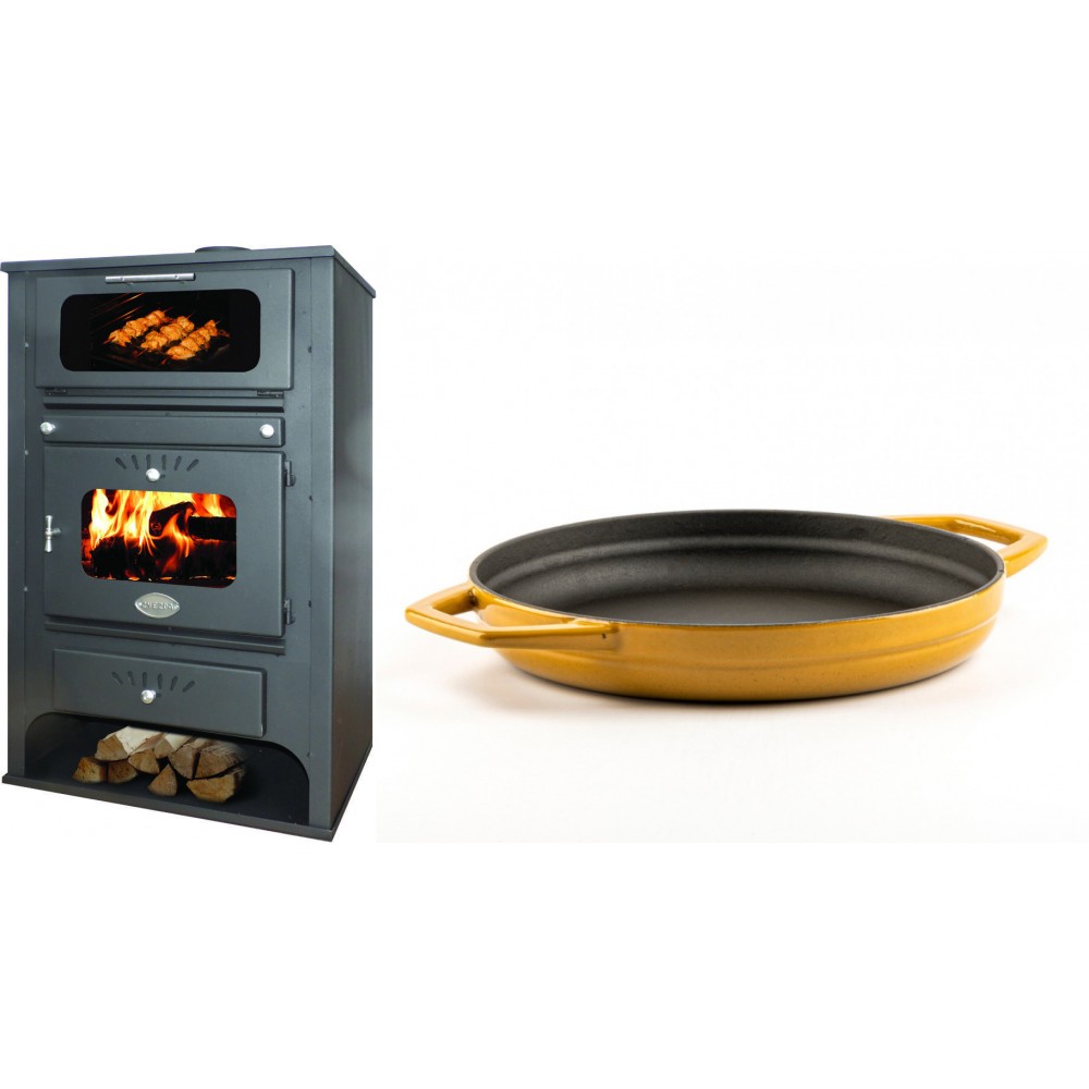 Set Kaminofen, Holzofen Wasserführend mit Backfach Zvezda, Model GF VR 16, Leistung 15.4kW + Emaillierte gusseisenpfanne mit zwei Griffen Solagio, Dijon, Ф22cm