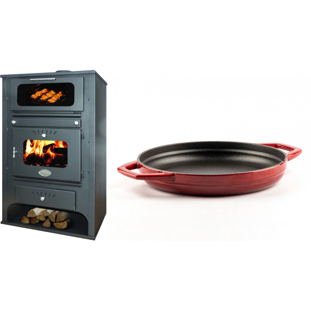 Set Kaminofen, Holzofen Wasserführend mit Backfach Zvezda, Model GF VR 16, Leistung 15.4kW + Emaillierte gusseisenpfanne mit zwei Griffen Solagio, Rubin, Ф22cm | Wasserführender Kaminofen | Kaminofen |