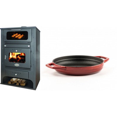 Set Kaminofen, Holzofen Wasserführend mit Backfach Zvezda, Model GF VR 16, Leistung 15.4kW + Emaillierte gusseisenpfanne mit zwei Griffen Solagio, Rubin, Ф19cm - Kaminofen - Holzofen mit Backfach