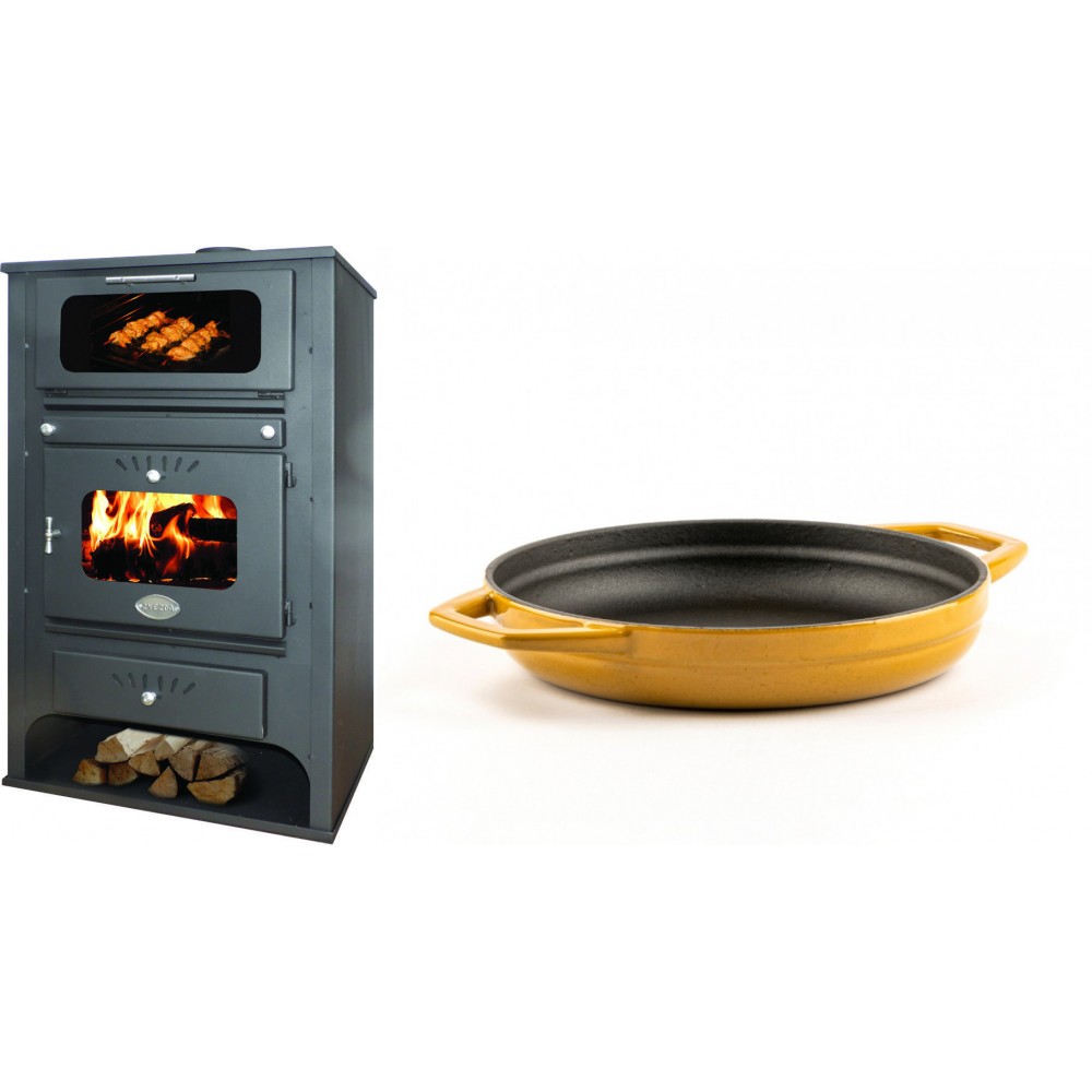 Set Kaminofen, Holzofen Wasserführend mit Backfach Zvezda, Model GF VR 16, Leistung 15.4kW + Emaillierte gusseisenpfanne mit zwei Griffen Solagio, Dijon, Ф19cm