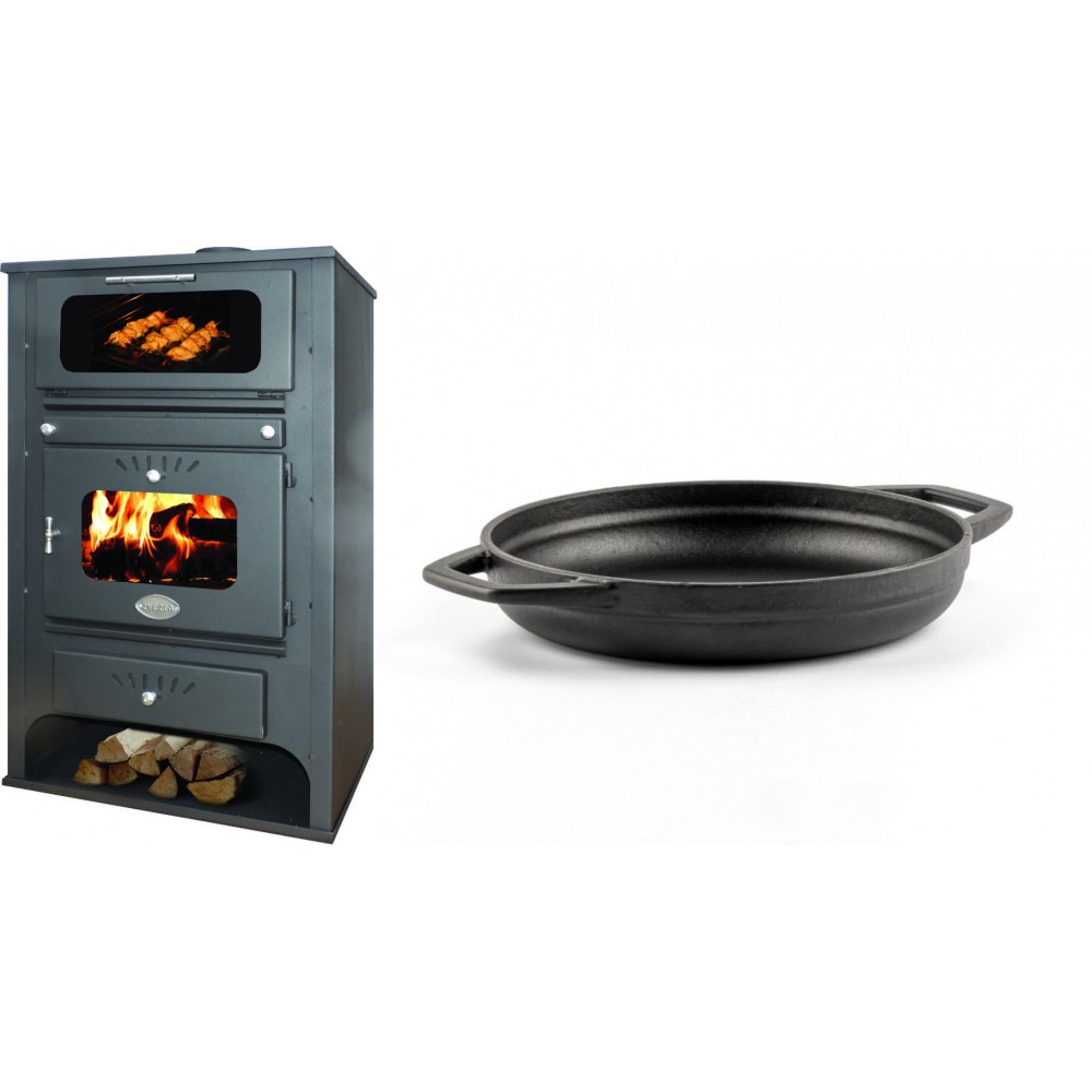 Set Kaminofen, Holzofen Wasserführend mit Backfach Zvezda, Model GF VR 16, Leistung 15.4kW + Emaillierte gusseisenpfanne mit zwei Griffen Solagio, Black Onyx, Ф19cm | Wasserführender Kaminofen | Kaminofen |