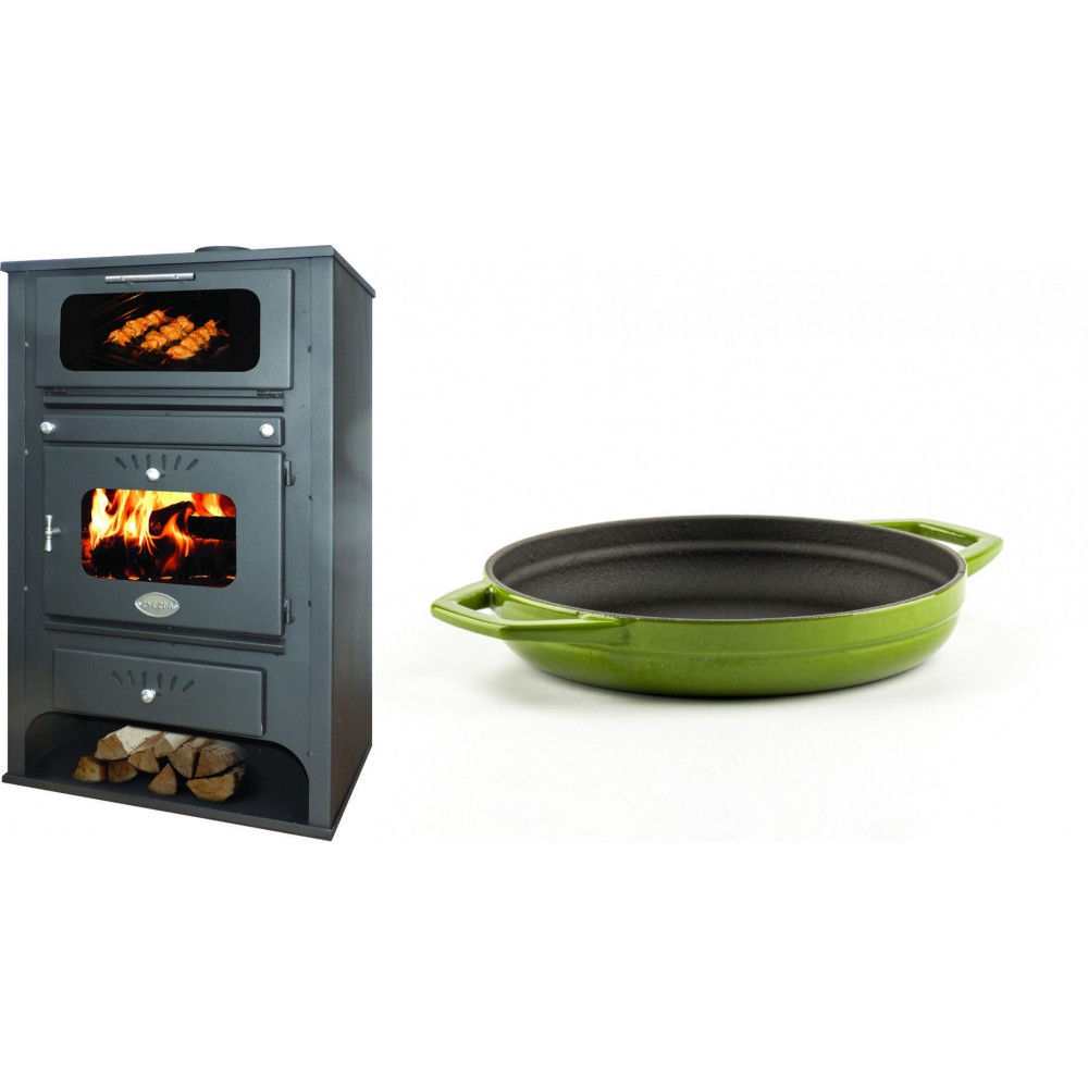 Set Kaminofen, Holzofen Wasserführend mit Backfach Zvezda, Model GF VR 16, Leistung 15.4kW + Emaillierte gusseisenpfanne mit zwei Griffen Solagio, Bamboo, Ф19cm
