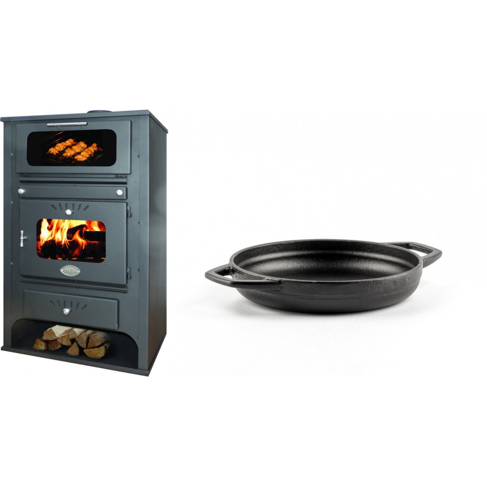 Set Kaminofen, Holzofen Wasserführend mit Backfach Zvezda, Model GF VR 16, Leistung 15.4kW + Emaillierte gusseisenpfanne mit zwei Griffen Solagio, Black Onyx, Ф16cm