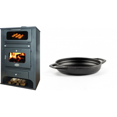 Set Kaminofen, Holzofen Wasserführend mit Backfach Zvezda, Model GF VR 16, Leistung 15.4kW + Emaillierte gusseisenpfanne mit zwei Griffen Solagio, Black Onyx, Ф16cm - Kaminofen - Holzofen mit Backfach