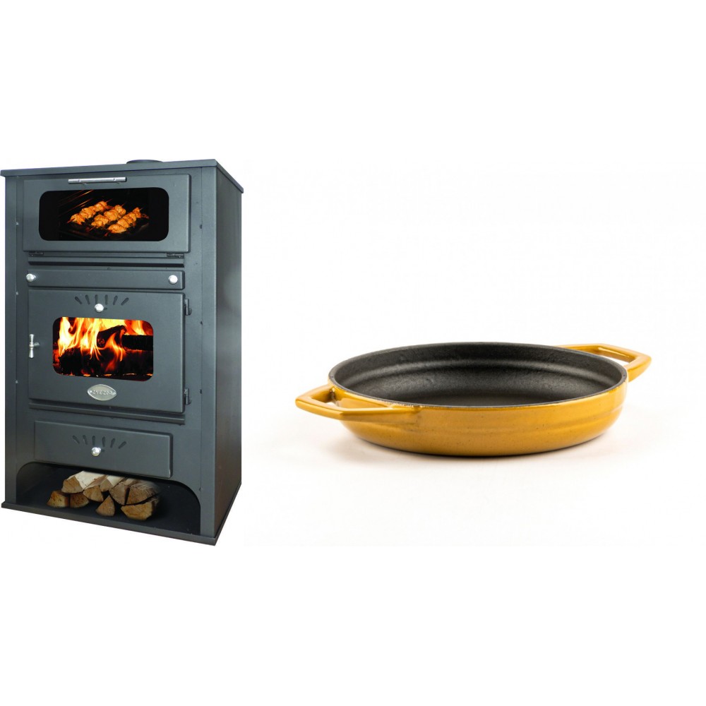Set Kaminofen, Holzofen Wasserführend mit Backfach Zvezda, Model GF VR 16, Leistung 15.4kW + Emaillierte gusseisenpfanne mit zwei Griffen Solagio, Dijon, Ф16cm