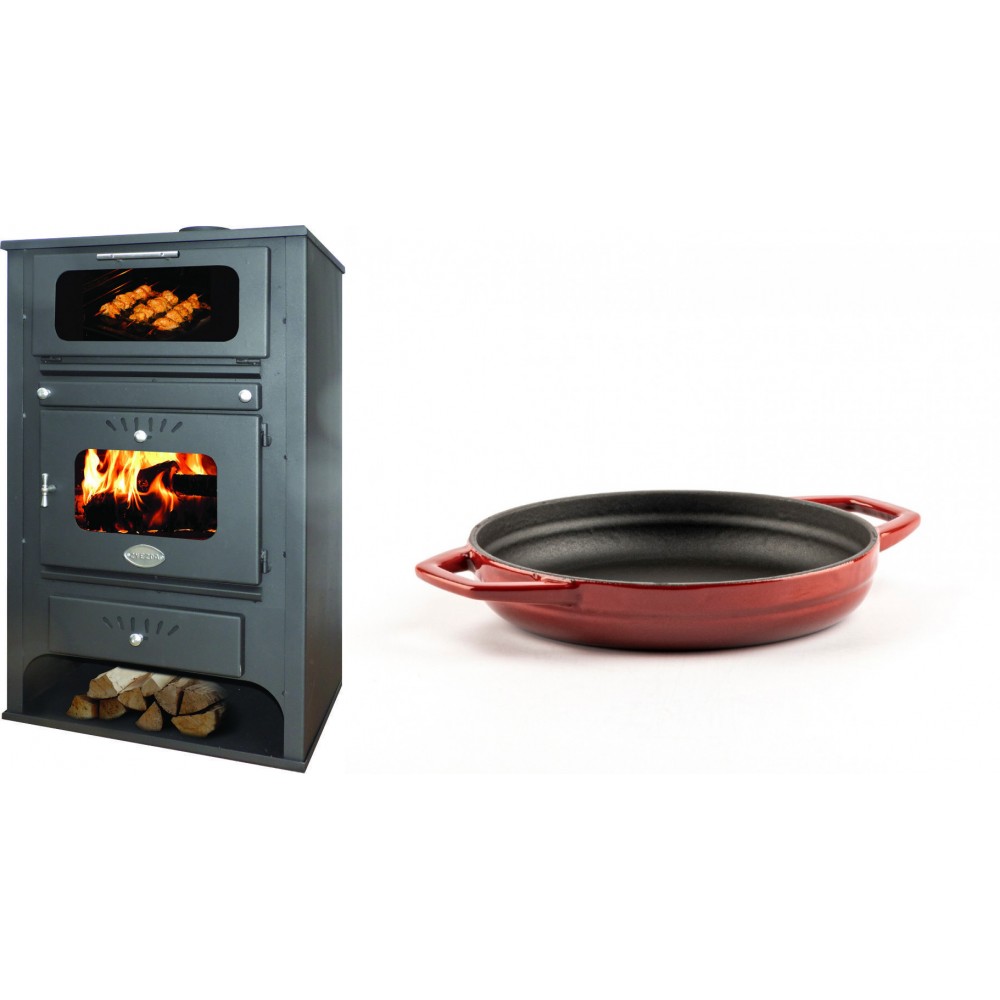 Set Kaminofen, Holzofen Wasserführend mit Backfach Zvezda, Model GF VR 16, Leistung 15.4kW + Emaillierte gusseisenpfanne mit zwei Griffen Solagio, Rubin, Ф16cm | Wasserführender Kaminofen | Kaminofen |