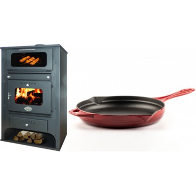 Set Kaminofen, Holzofen Wasserführend mit Backfach Zvezda, Model GF VR 16, Leistung 15.4kW + Emaillierte Gusseisenpfanne Solagio, Rubin, Ф28cm - Kaminofen - Holzofen mit Backfach