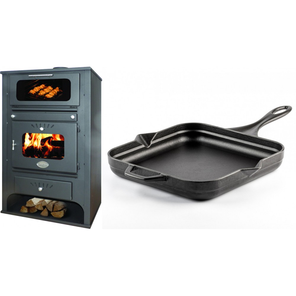 Set Kaminofen, Holzofen Wasserführend mit Backfach Zvezda, Model GF VR 16, Leistung 15.4kW + Emaillierte Gusseisenpfanne Solagio, Black Onyx, 28x28cm | Wasserführender Kaminofen | Kaminofen |