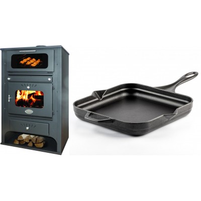 Set Kaminofen, Holzofen Wasserführend mit Backfach Zvezda, Model GF VR 16, Leistung 15.4kW + Emaillierte Gusseisenpfanne Solagio, Black Onyx, 28x28cm - Kaminofen - Holzofen mit Backfach
