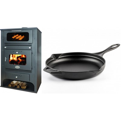 Set Kaminofen, Holzofen Wasserführend mit Backfach Zvezda, Model GF VR 16, Leistung 15.4kW + Emaillierte Gusseisenpfanne Solagio, Black Onyx, Ф28cm - Kaminofen - Holzofen mit Backfach