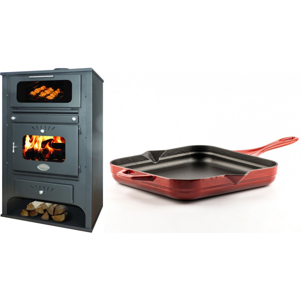 Set Kaminofen, Holzofen Wasserführend mit Backfach Zvezda, Model GF VR 16, Leistung 15.4kW + Emaillierte Gusseisenpfanne Solagio, Rubin, 28x28cm
