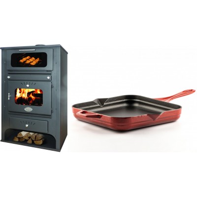 Set Kaminofen, Holzofen Wasserführend mit Backfach Zvezda, Model GF VR 16, Leistung 15.4kW + Emaillierte Gusseisenpfanne Solagio, Rubin, 28x28cm - Kaminofen - Holzofen mit Backfach