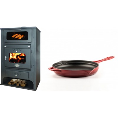 Set Kaminofen, Holzofen Wasserführend mit Backfach Zvezda, Model GF VR 16, Leistung 15.4kW + Emaillierte Gusseisenpfanne Solagio, Rubin, Ф24cm - Kaminofen - Holzofen mit Backfach