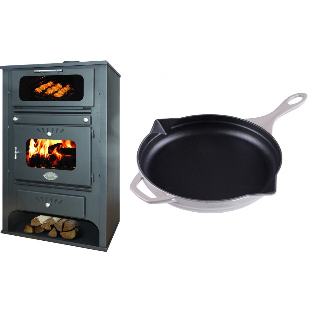 Set Kaminofen, Holzofen Wasserführend mit Backfach Zvezda, Model GF VR 16, Leistung 15.4kW + Emaillierte Gusseisenpfanne Solagio, Ivory, Ф28cm | Wasserführender Kaminofen | Kaminofen |