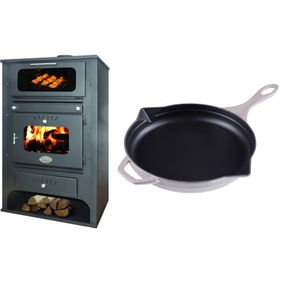 Set Kaminofen, Holzofen Wasserführend mit Backfach Zvezda, Model GF VR 16, Leistung 15.4kW + Emaillierte Gusseisenpfanne Solagio, Ivory, Ф28cm - Kaminofen - Holzofen mit Backfach