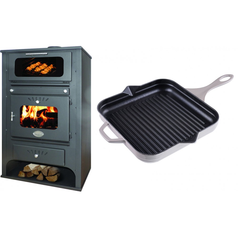 Set Kaminofen, Holzofen Wasserführend mit Backfach Zvezda, Model GF VR 16, Leistung 15.4kW + Emaillierte grillpfanne Gusseisen Solagio, Ivory, 28x28cm | Wasserführender Kaminofen | Kaminofen |