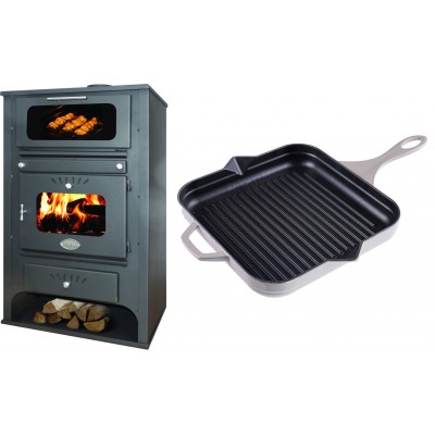 Set Kaminofen, Holzofen Wasserführend mit Backfach Zvezda, Model GF VR 16, Leistung 15.4kW + Emaillierte grillpfanne Gusseisen Solagio, Ivory, 28x28cm - Kaminofen - Holzofen mit Backfach