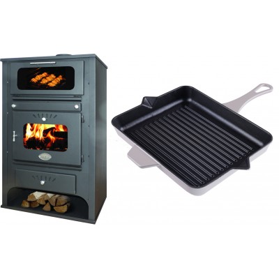 Set Kaminofen, Holzofen Wasserführend mit Backfach Zvezda, Model GF VR 16, Leistung 15.4kW + Emaillierte grillpfanne Gusseisen Solagio, Ivory, 26x32cm - Kaminofen - Holzofen mit Backfach