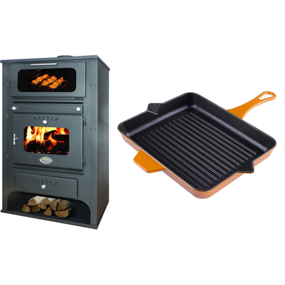 Set Kaminofen, Holzofen Wasserführend mit Backfach Zvezda, Model GF VR 16, Leistung 15.4kW + Emaillierte grillpfanne Gusseisen Solagio, Dijon, 26x32cm