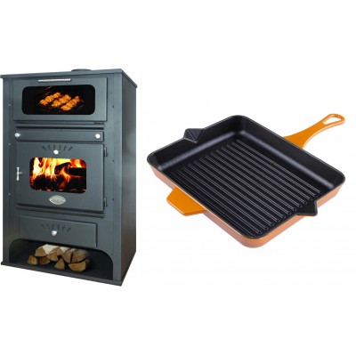 Set Kaminofen, Holzofen Wasserführend mit Backfach Zvezda, Model GF VR 16, Leistung 15.4kW + Emaillierte grillpfanne Gusseisen Solagio, Dijon, 26x32cm - Kaminofen - Holzofen mit Backfach
