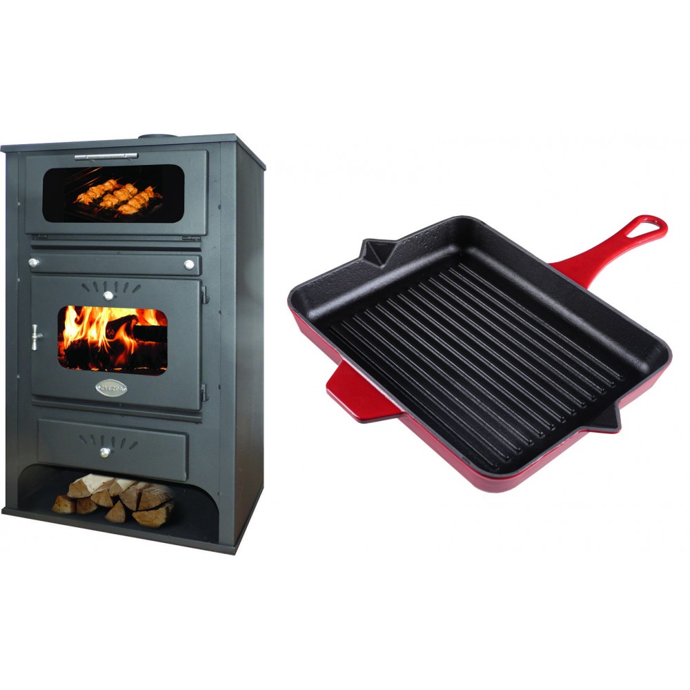Set Kaminofen, Holzofen Wasserführend mit Backfach Zvezda, Model GF VR 16, Leistung 15.4kW + Emaillierte grillpfanne Gusseisen Solagio, Rubin, 26x32cm