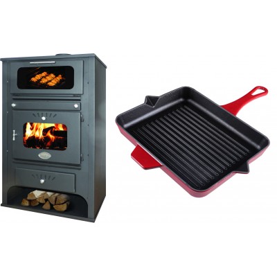 Set Kaminofen, Holzofen Wasserführend mit Backfach Zvezda, Model GF VR 16, Leistung 15.4kW + Emaillierte grillpfanne Gusseisen Solagio, Rubin, 26x32cm - Kaminofen - Holzofen mit Backfach