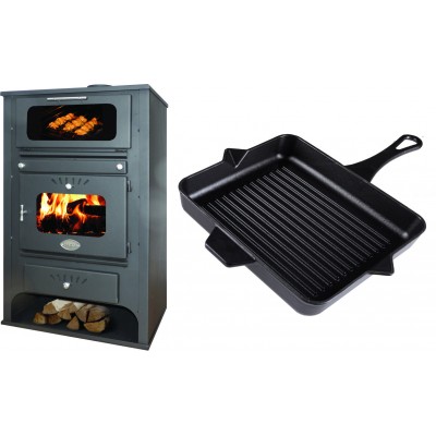 Set Kaminofen, Holzofen Wasserführend mit Backfach Zvezda, Model GF VR 16, Leistung 15.4kW + Emaillierte grillpfanne Gusseisen Solagio, Black Onyx, 26x32cm - Kaminofen - Holzofen mit Backfach