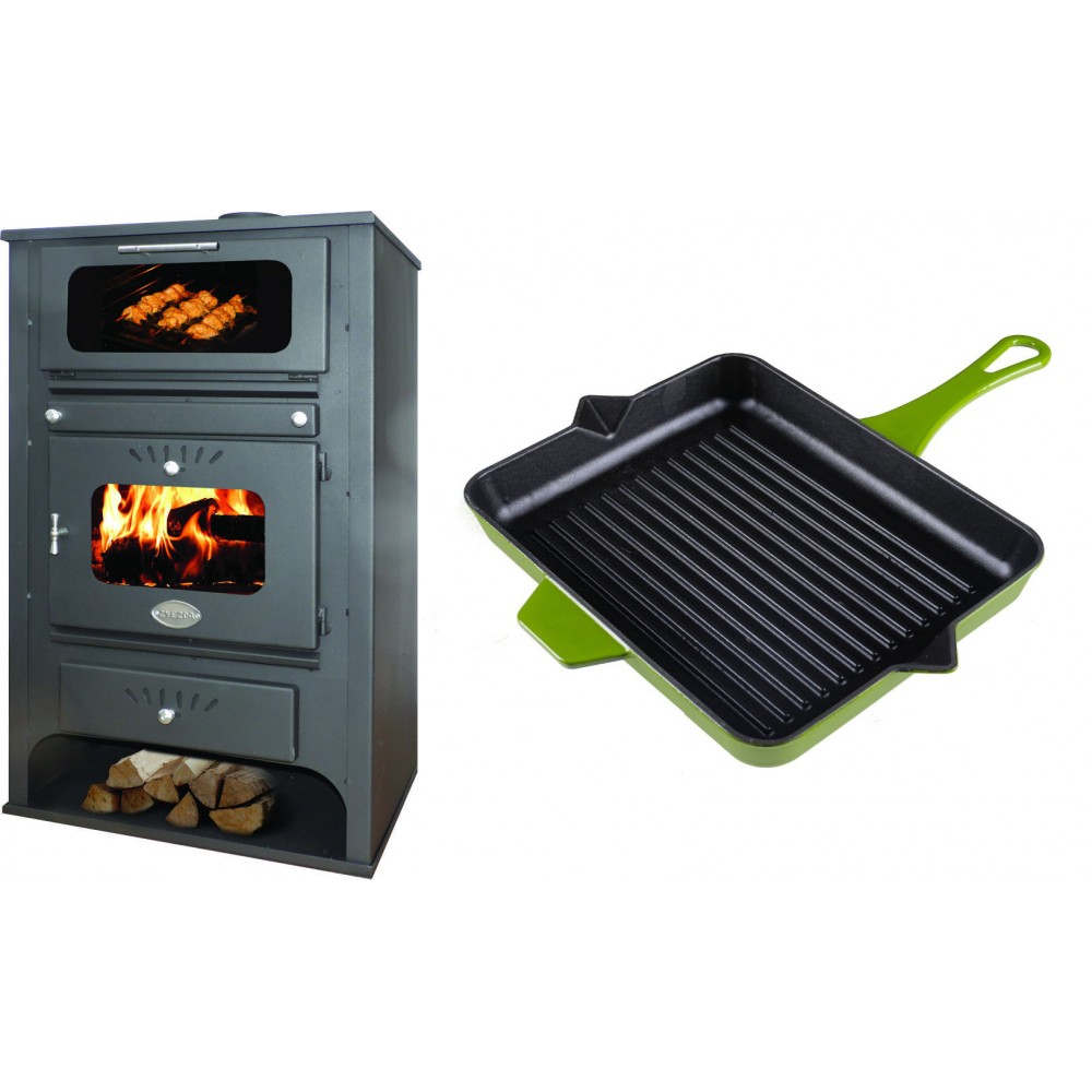 Set Kaminofen, Holzofen Wasserführend mit Backfach Zvezda, Model GF VR 16, Leistung 15.4kW + Emaillierte grillpfanne Gusseisen Solagio, Bamboo, 26x32cm